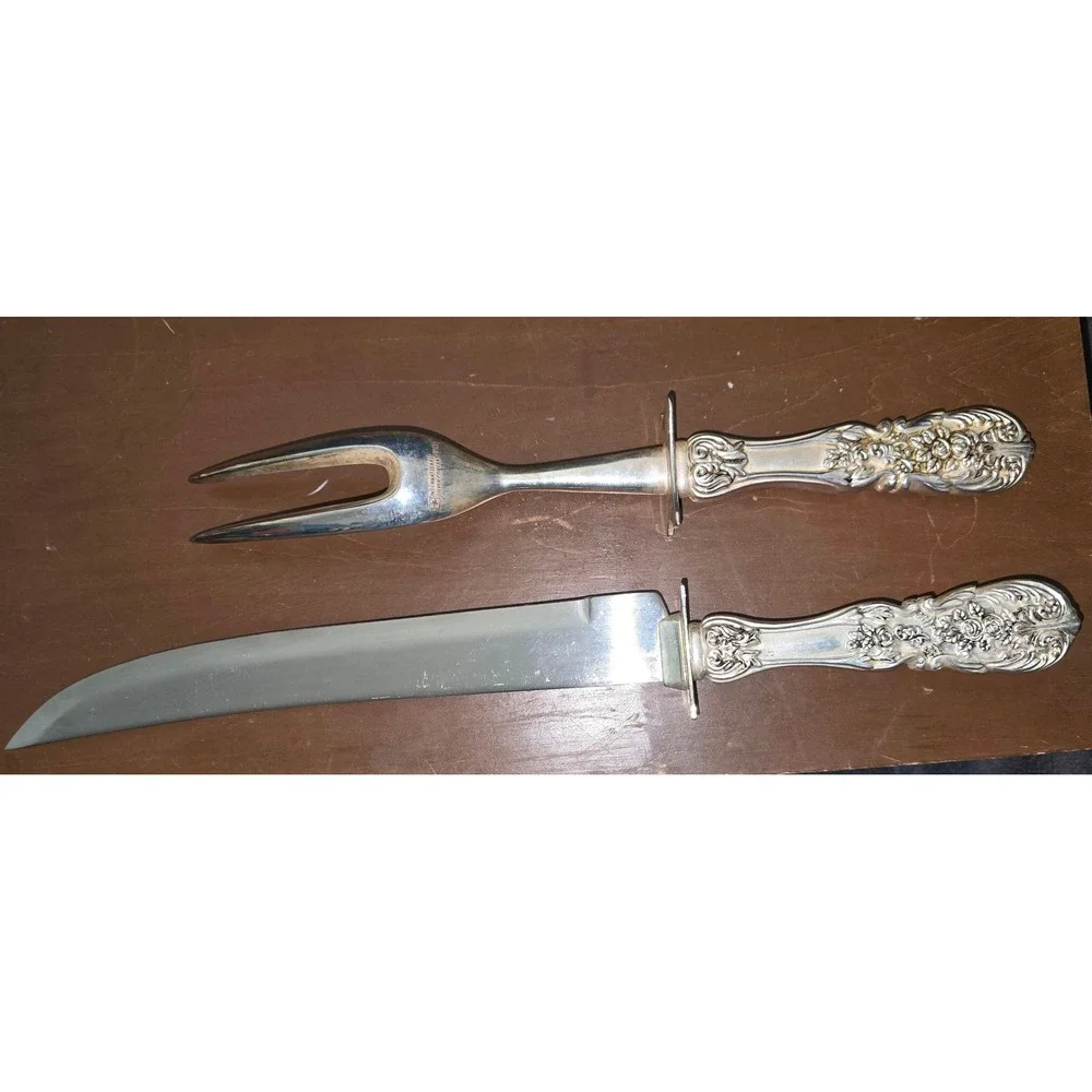 Vtg International Silver Co Floral Repousse Carving Set Knife and Fork